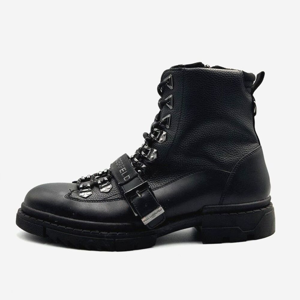 Karl Lagerfeld Paris Mens 13 Black Belted Leather Hiker Biker Boots NWOB